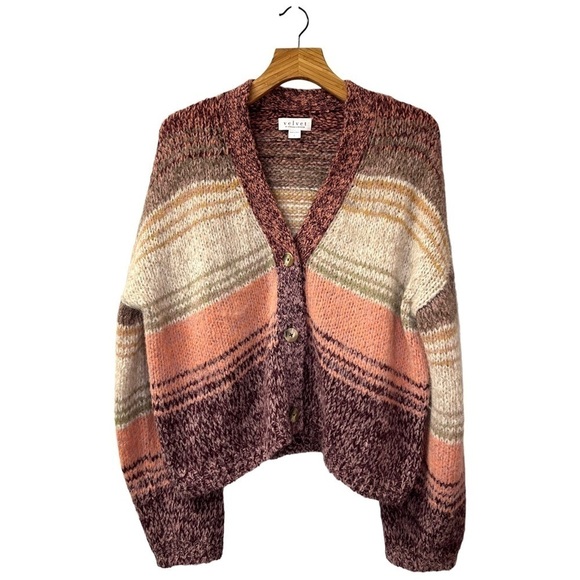 Velvet Graham & Spencer Lara Alpaca Wool Blend Button Front Cardigan in Multi L - Picture 4 of 14
